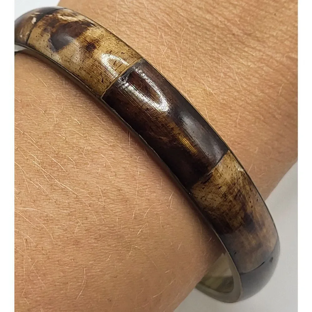 Vintage 70s Wood Inset Brass Bamgle Bracelet 2.6in dia Bohemian